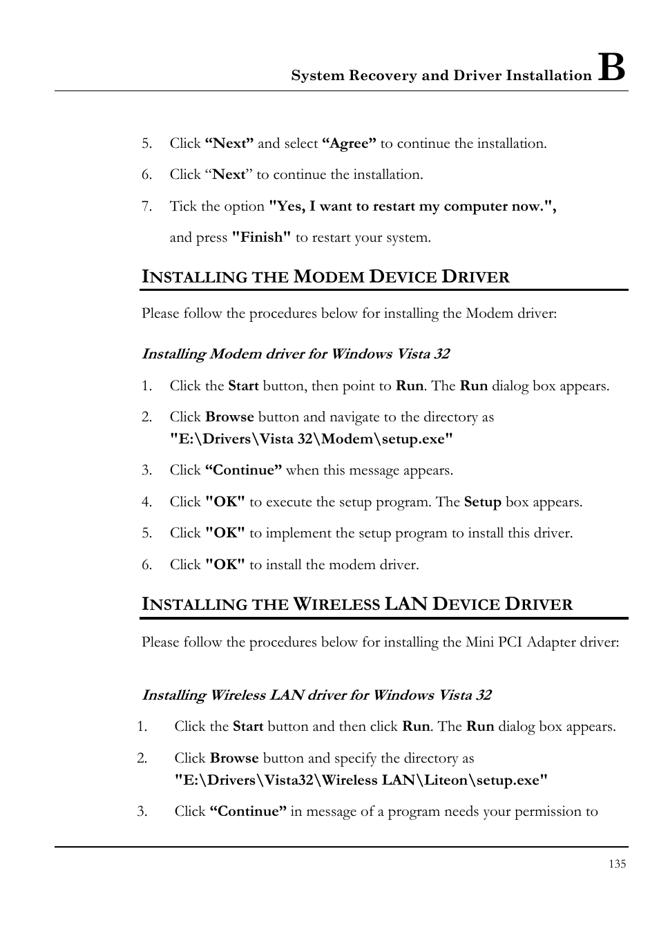 Installing the modem device driver, Installing modem driver for windows vista 32, Installing the wireless lan device driver | Everex VA4103 User Manual | Page 135 / 140