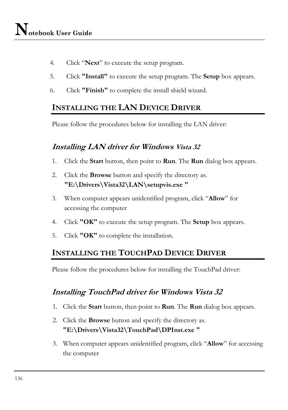 Installing the lan device driver, Installing lan driver for windows vista 32, Installing the touchpad device driver | Installing touchpad driver for windows vista 32 | Everex VA4103 User Manual | Page 136 / 140