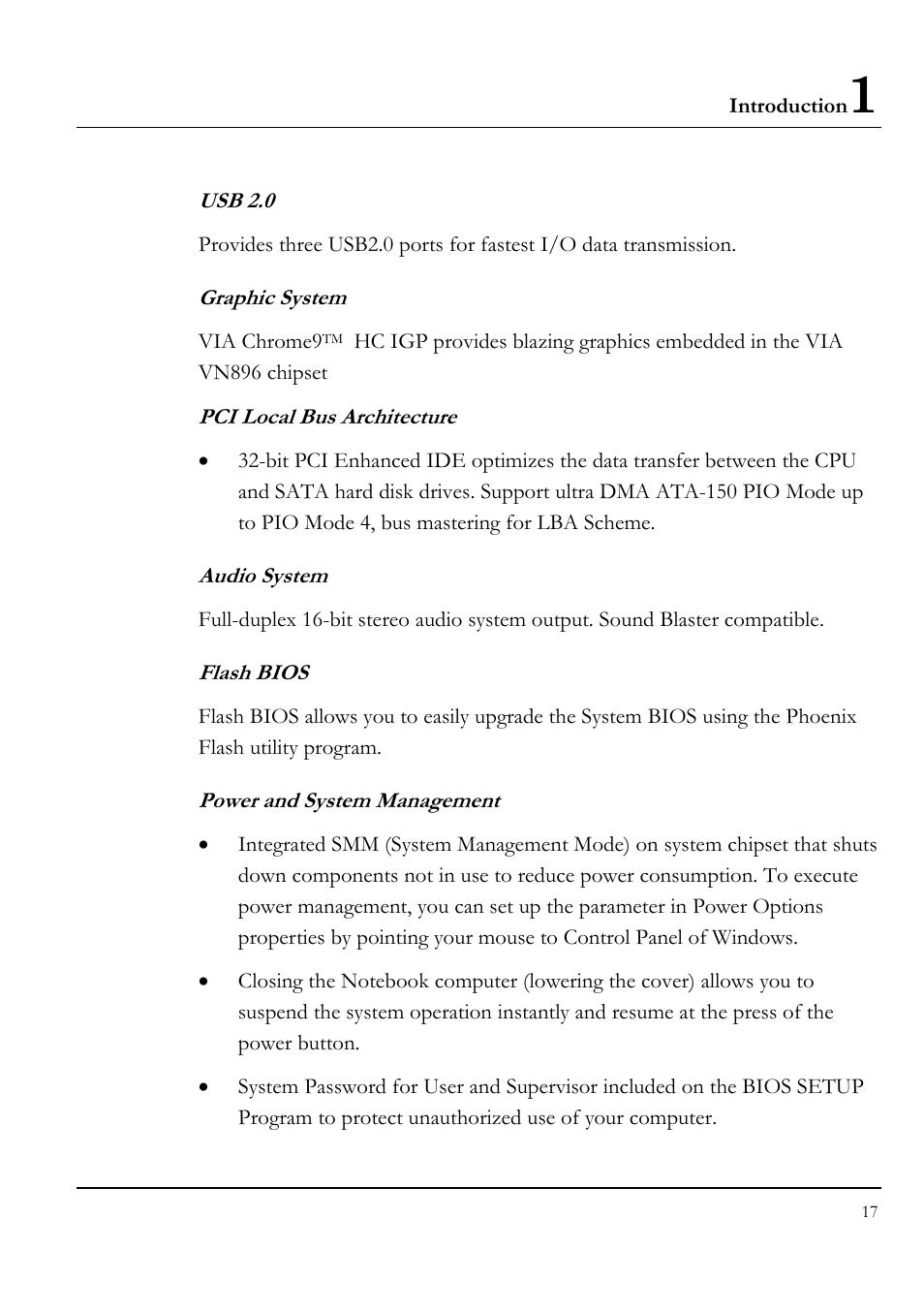 Usb 2.0, Graphic system, Audio system | Flash bios, Power and system management | Everex VA4103 User Manual | Page 17 / 140