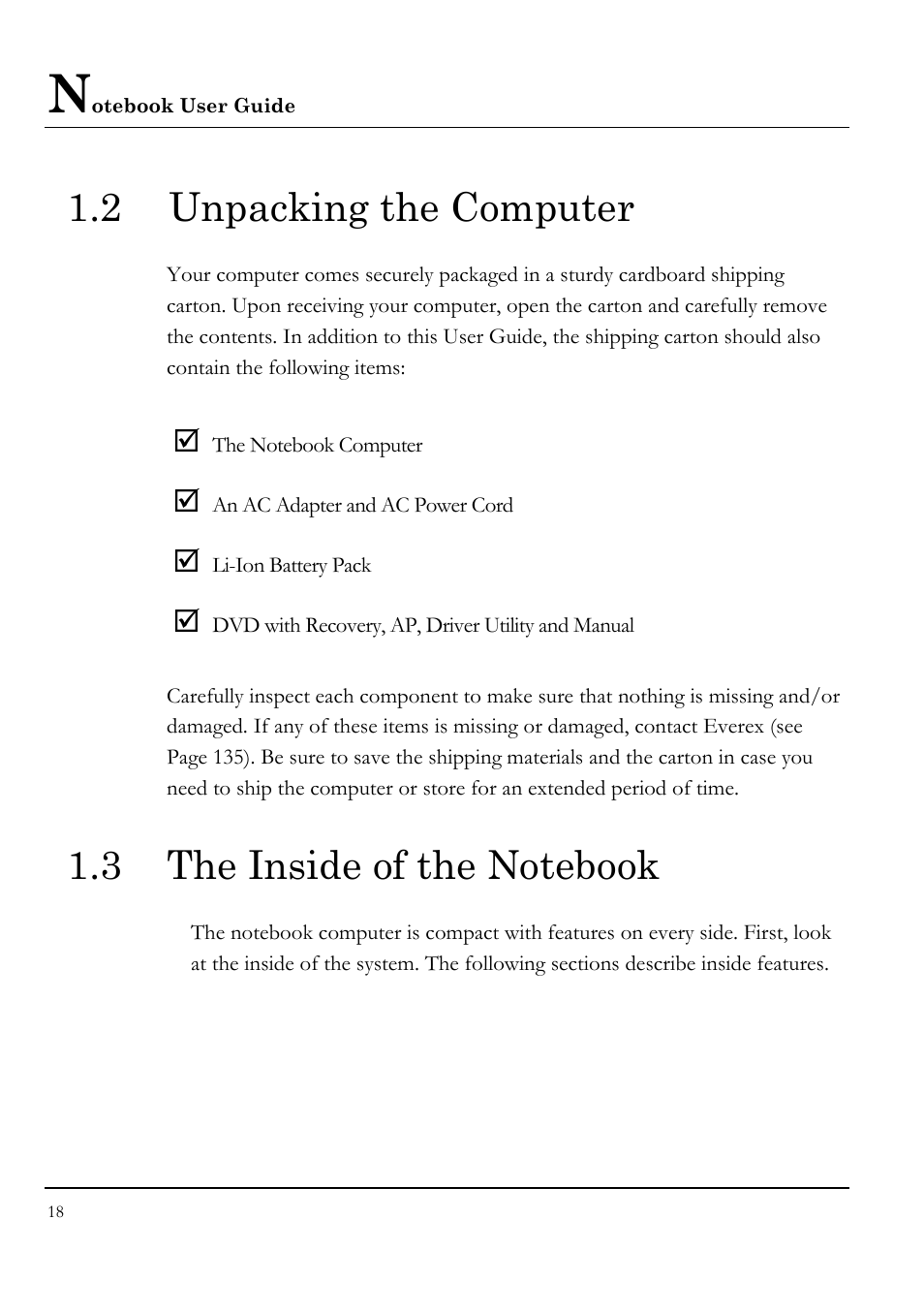 2 unpacking the computer, 3 the inside of the notebook | Everex VA4103 User Manual | Page 18 / 140