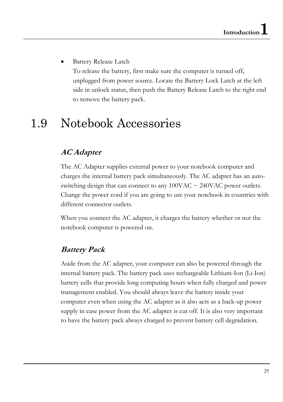 9 notebook accessories, Ac adapter, Battery pack | Everex VA4103 User Manual | Page 29 / 140