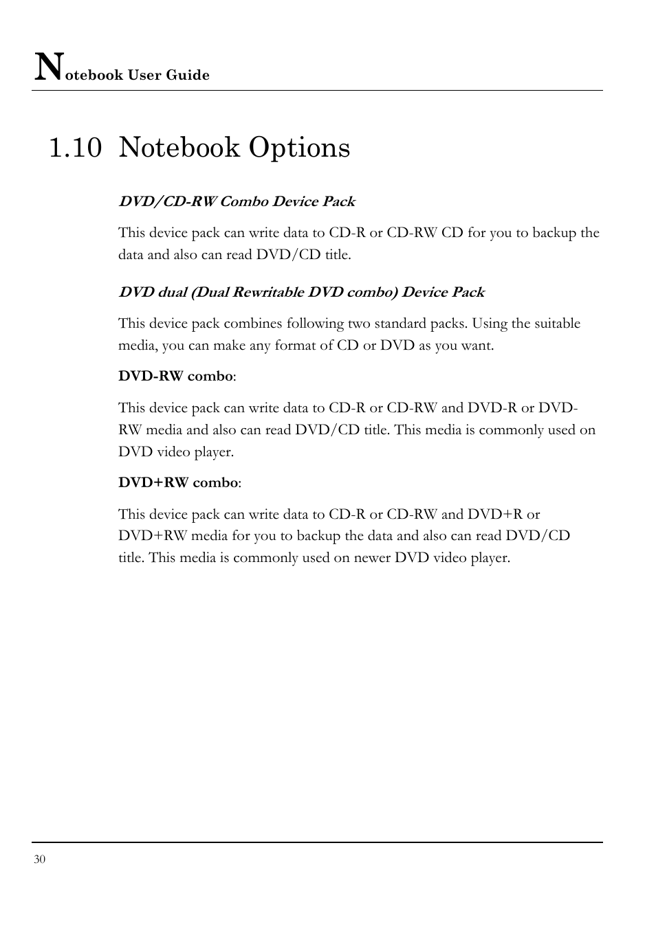 10 notebook options, Dvd/cd-rw combo device pack, Dvd dual (dual rewritable dvd combo) device pack | Everex VA4103 User Manual | Page 30 / 140