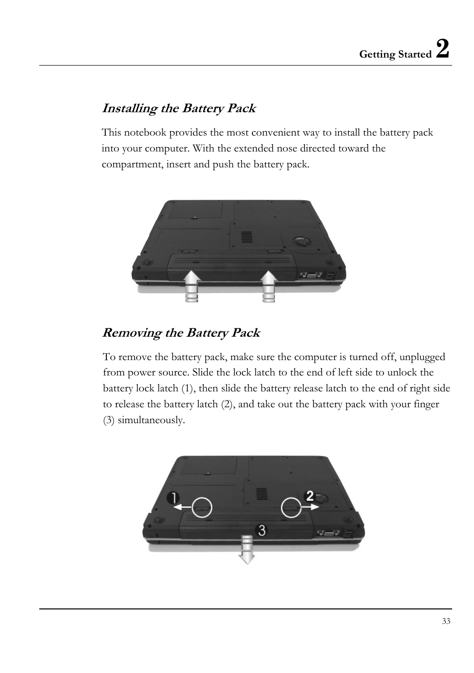 Installing the battery pack, Removing the battery pack | Everex VA4103 User Manual | Page 33 / 140