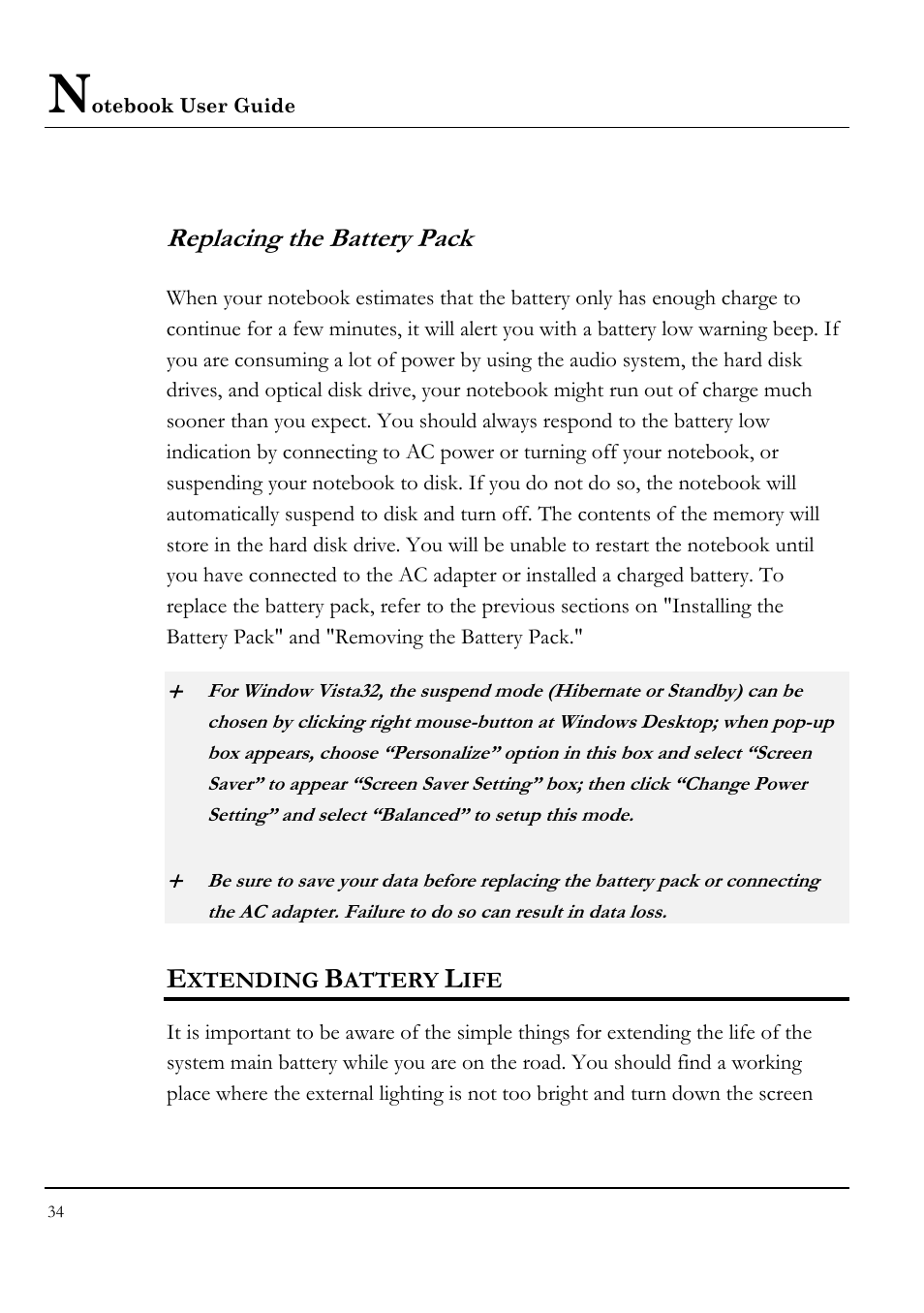 Replacing the battery pack, Extending battery life | Everex VA4103 User Manual | Page 34 / 140