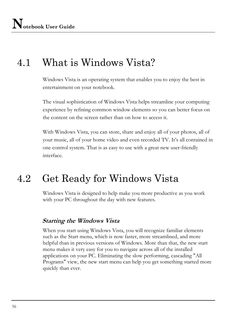 1 what is windows vista, 2 get ready for windows vista, Starting the windows vista | Everex VA4103 User Manual | Page 56 / 140