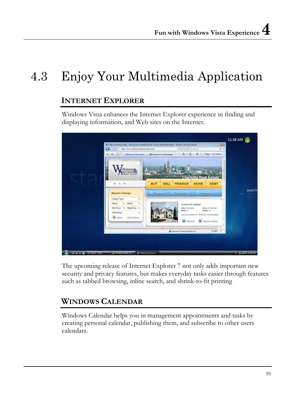 3 enjoy your multimedia application, Internet explorer, Windows calendar | Everex VA4103 User Manual | Page 59 / 140