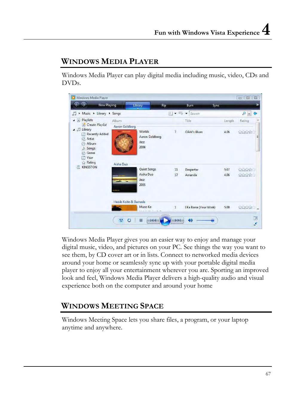 Windows media player, Windows meeting space | Everex VA4103 User Manual | Page 67 / 140