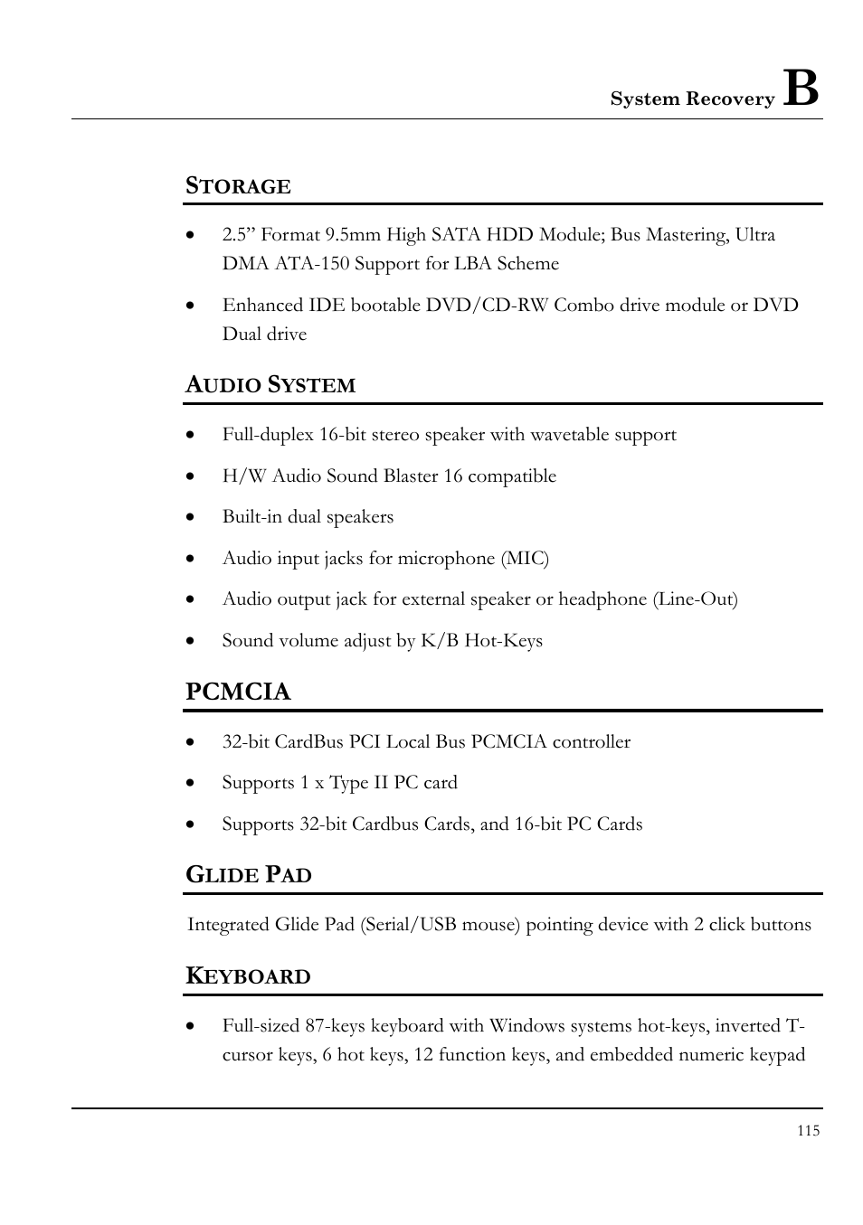 Storage, Audio system, Pcmcia | Glide pad, Keyboard | Everex LW7WE User Manual | Page 115 / 122