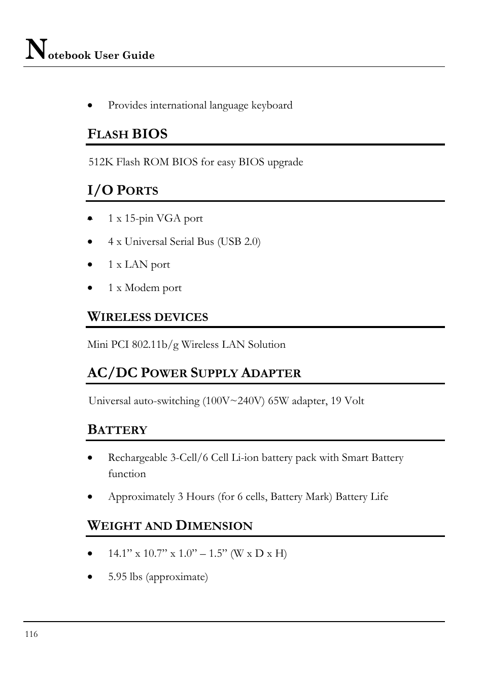 Flash bios, I/o ports, Wireless devices | Ac/dc power supply adapter, Battery, Weight and dimension, Bios, Ac/dc | Everex LW7WE User Manual | Page 116 / 122