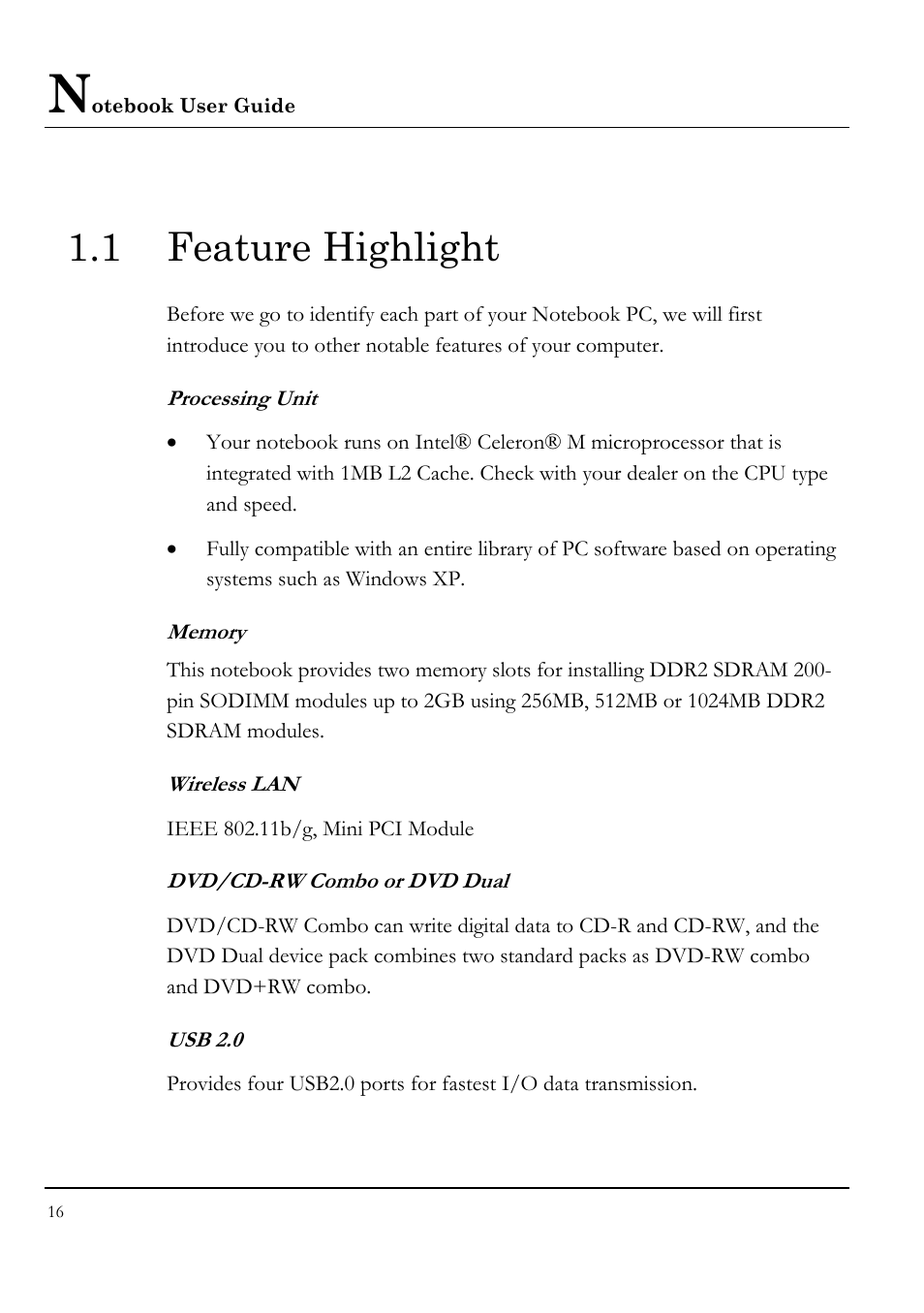 1 feature highlight, Processing unit, Memory | Wireless lan, Dvd/cd-rw combo or dvd dual, Usb 2.0 | Everex LW7WE User Manual | Page 16 / 122