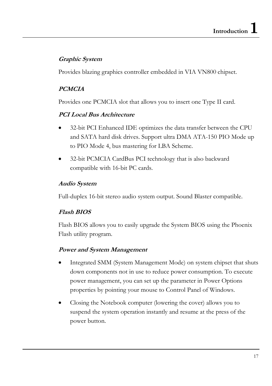 Graphic system, Pcmcia, Audio system | Flash bios, Power and system management | Everex LW7WE User Manual | Page 17 / 122