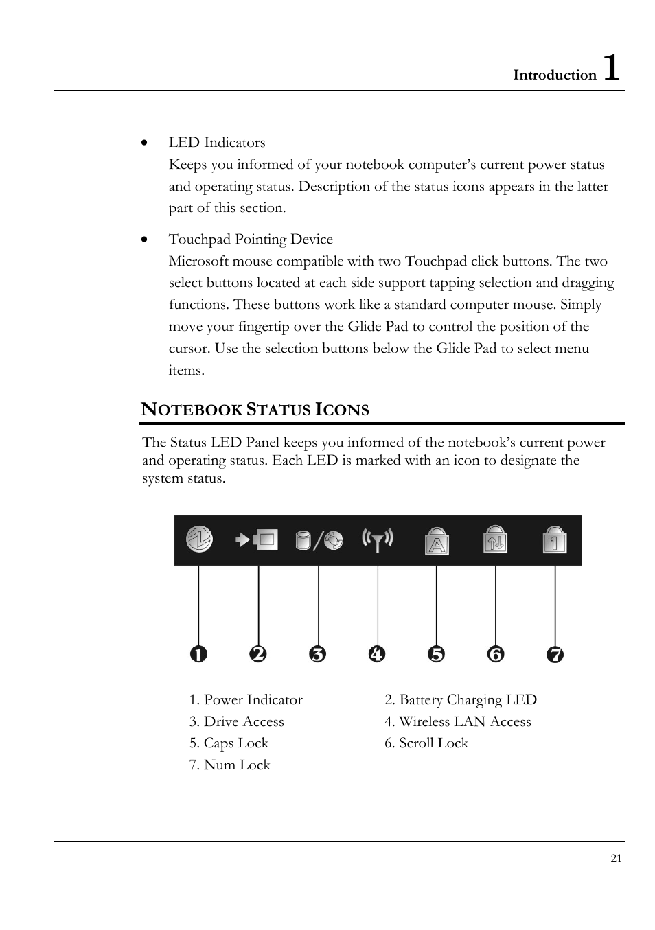 Notebook status icons | Everex LW7WE User Manual | Page 21 / 122