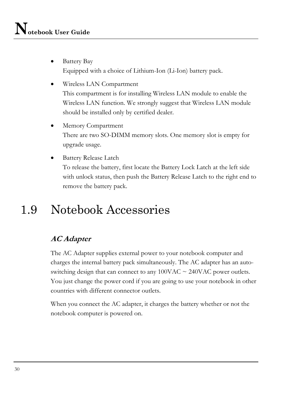 9 notebook accessories, Ac adapter | Everex LW7WE User Manual | Page 30 / 122