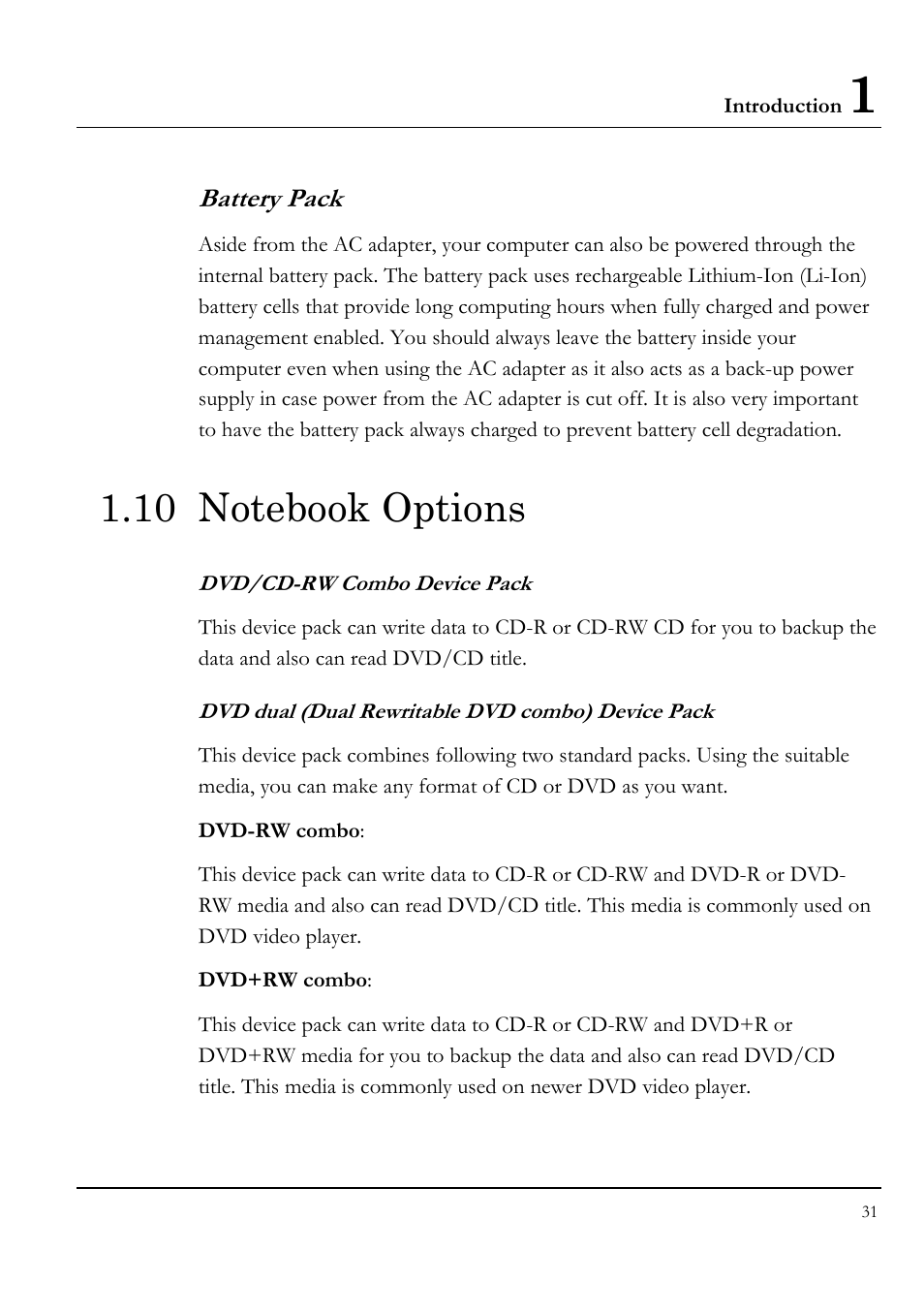 Battery pack, 10 notebook options, Dvd/cd-rw combo device pack | Dvd dual (dual rewritable dvd combo) device pack | Everex LW7WE User Manual | Page 31 / 122