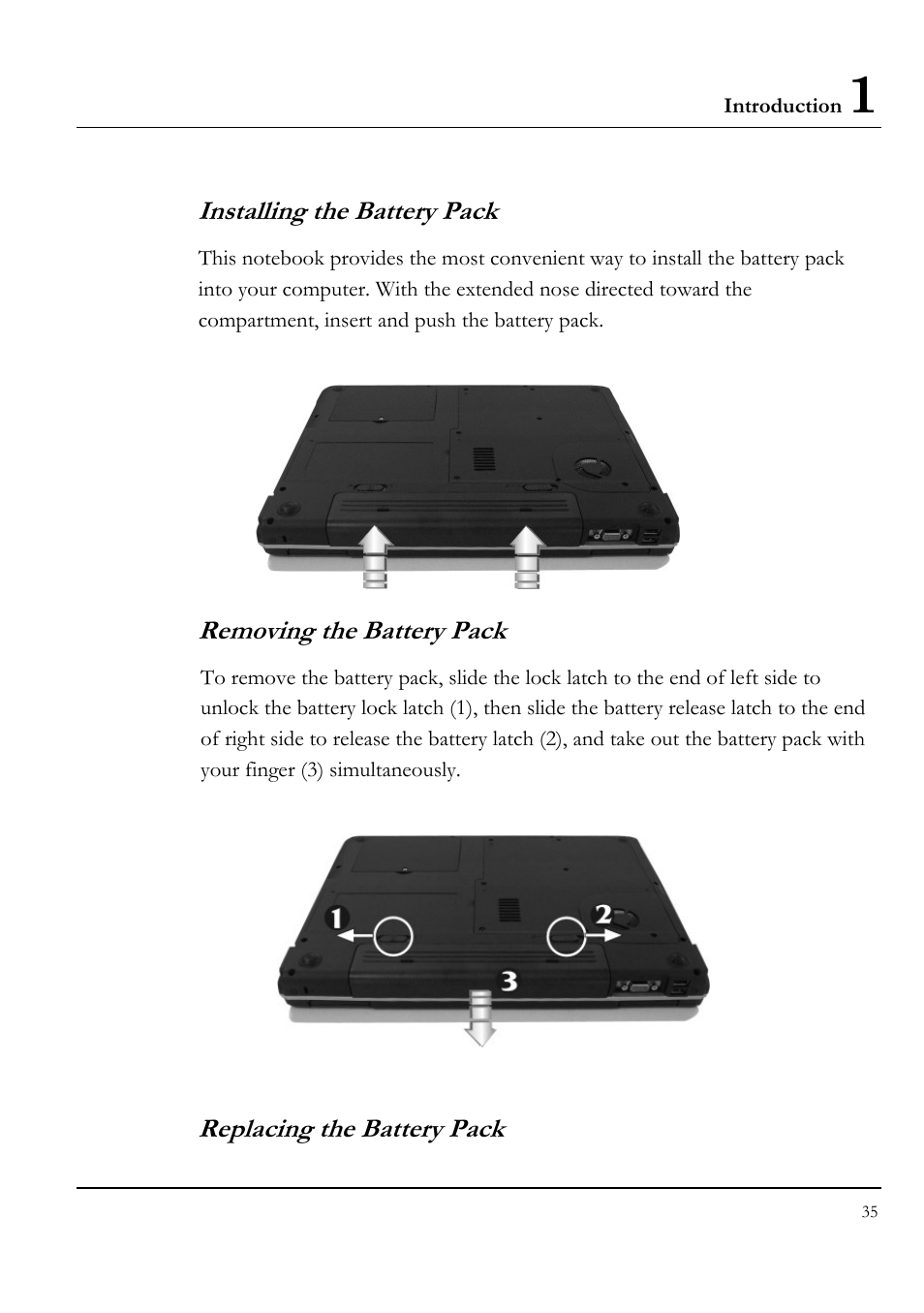 Installing the battery pack, Removing the battery pack, Replacing the battery pack | Everex LW7WE User Manual | Page 35 / 122