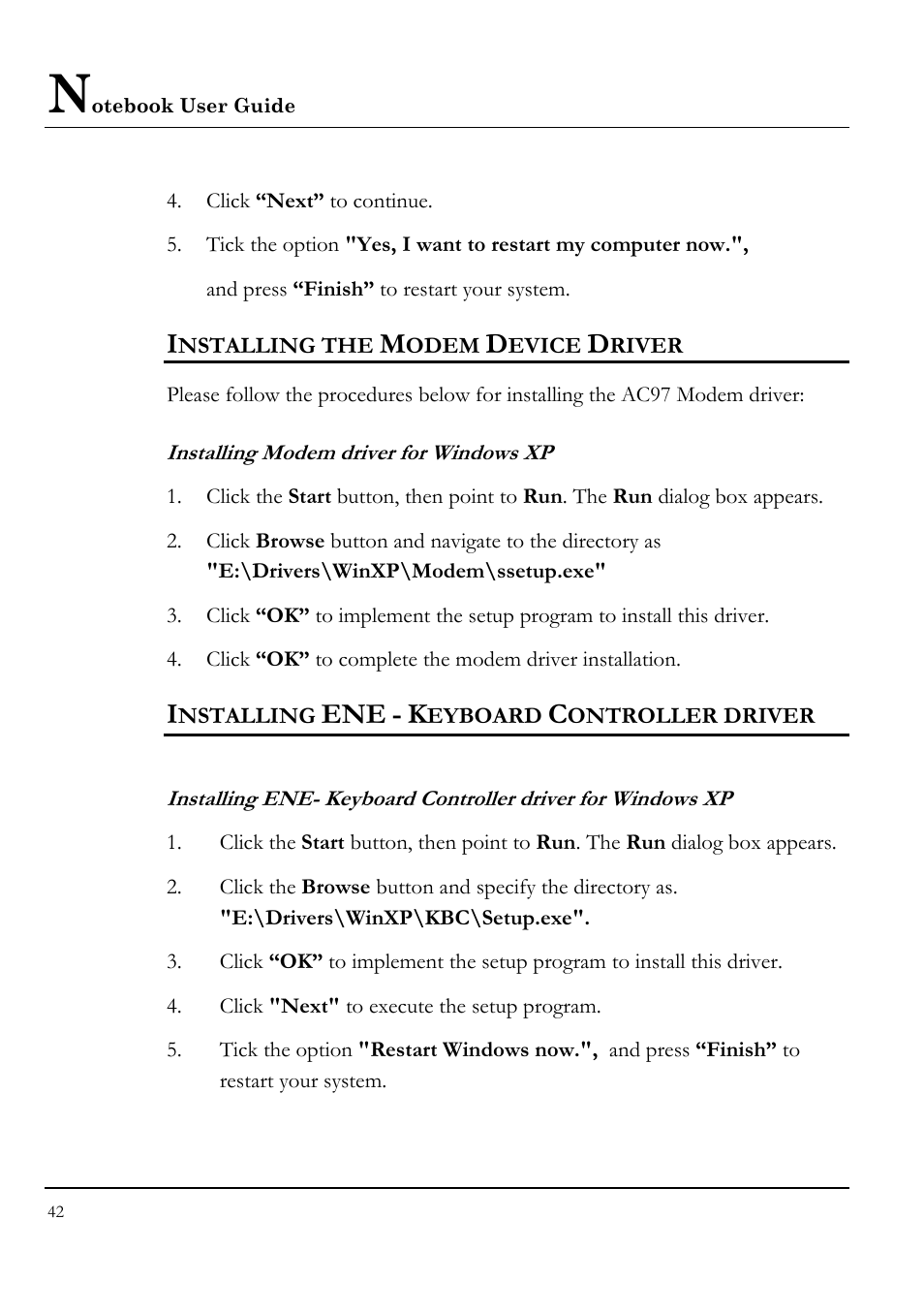 Installing the modem device driver, Installing modem driver for windows xp, Installing ene - keyboard controller driver | Everex LW7WE User Manual | Page 42 / 122