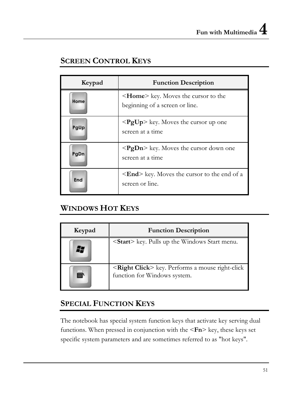 Screen control keys, Windows hot keys, Special function keys | Everex LW7WE User Manual | Page 51 / 122