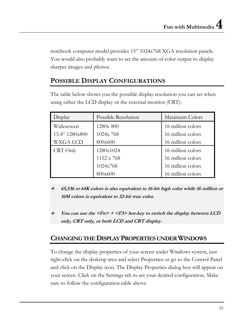 Possible display configurations, Changing the display properties under windows | Everex LW7WE User Manual | Page 55 / 122