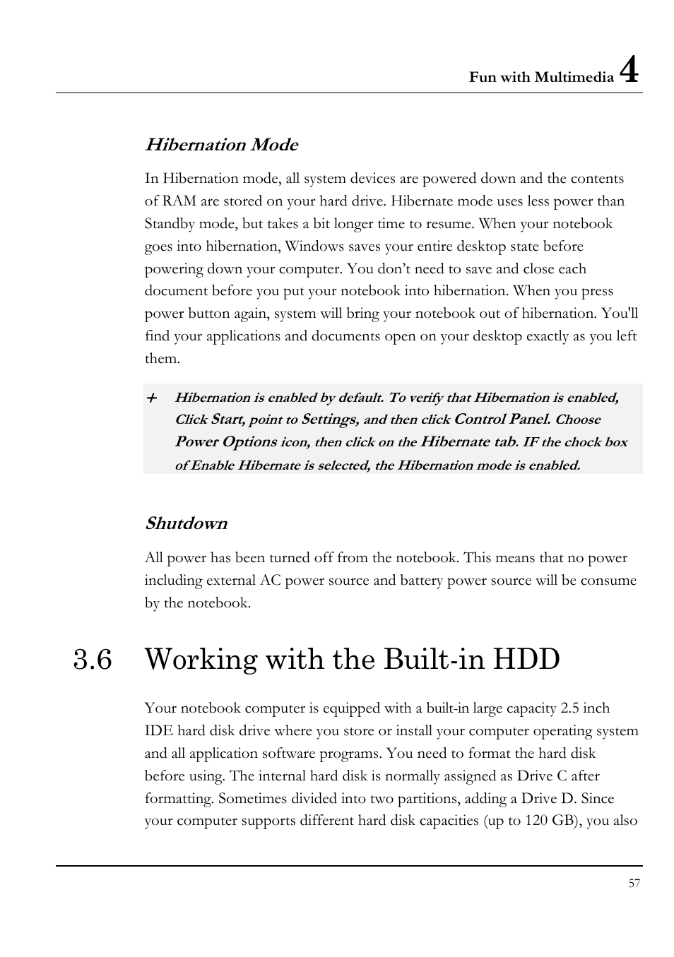 Hibernation mode, Shutdown, 6 working with the built-in hdd | Everex LW7WE User Manual | Page 57 / 122