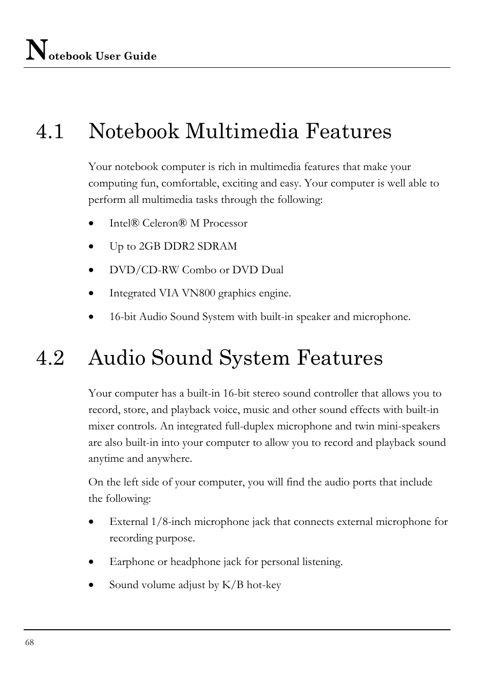 1 notebook multimedia features, 2 audio sound system features | Everex LW7WE User Manual | Page 68 / 122