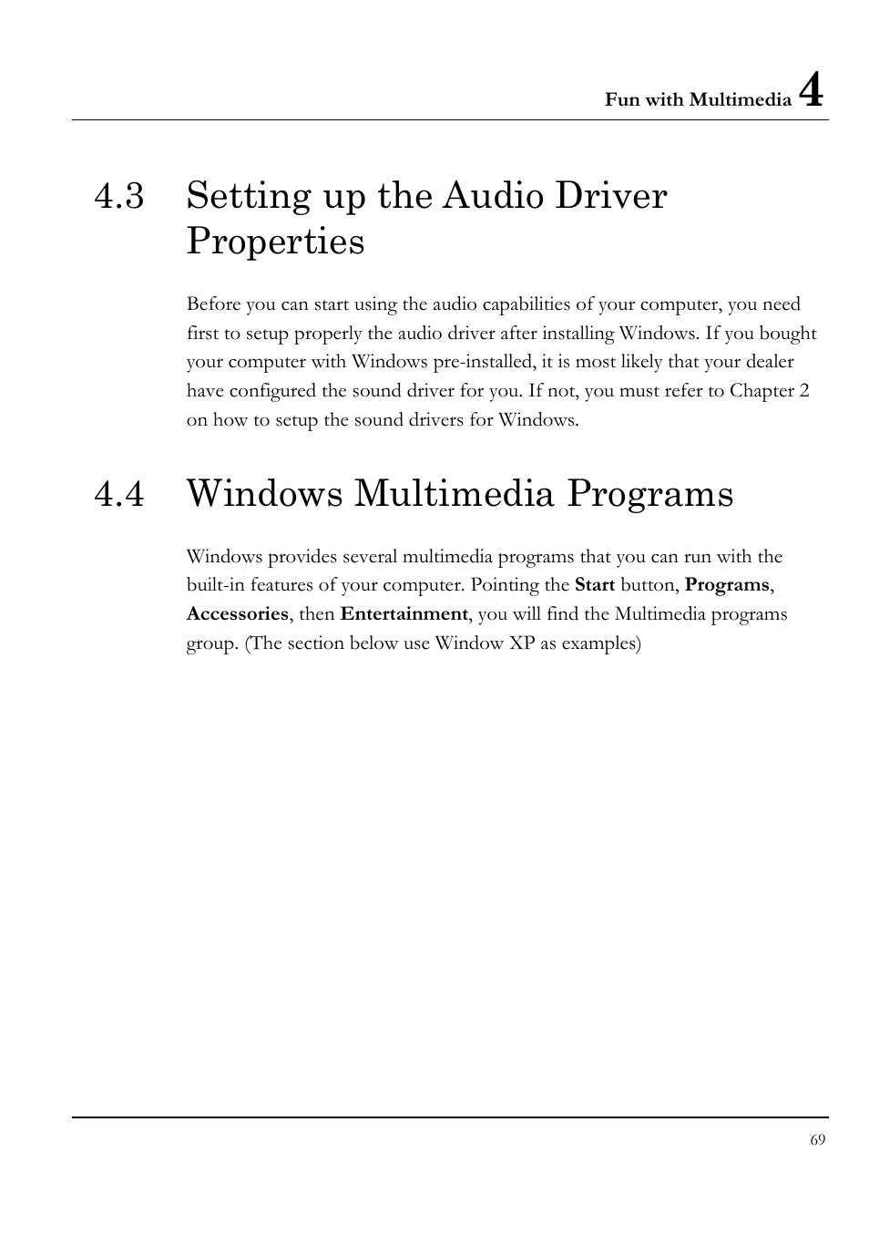 3 setting up the audio driver properties, 4 windows multimedia programs | Everex LW7WE User Manual | Page 69 / 122