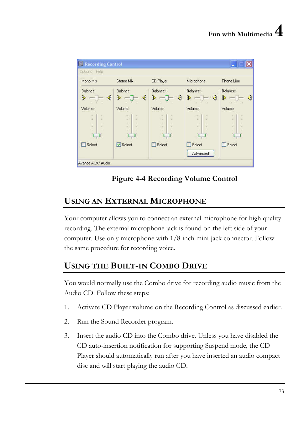 Using an external microphone, Using the built-in combo drive | Everex LW7WE User Manual | Page 73 / 122