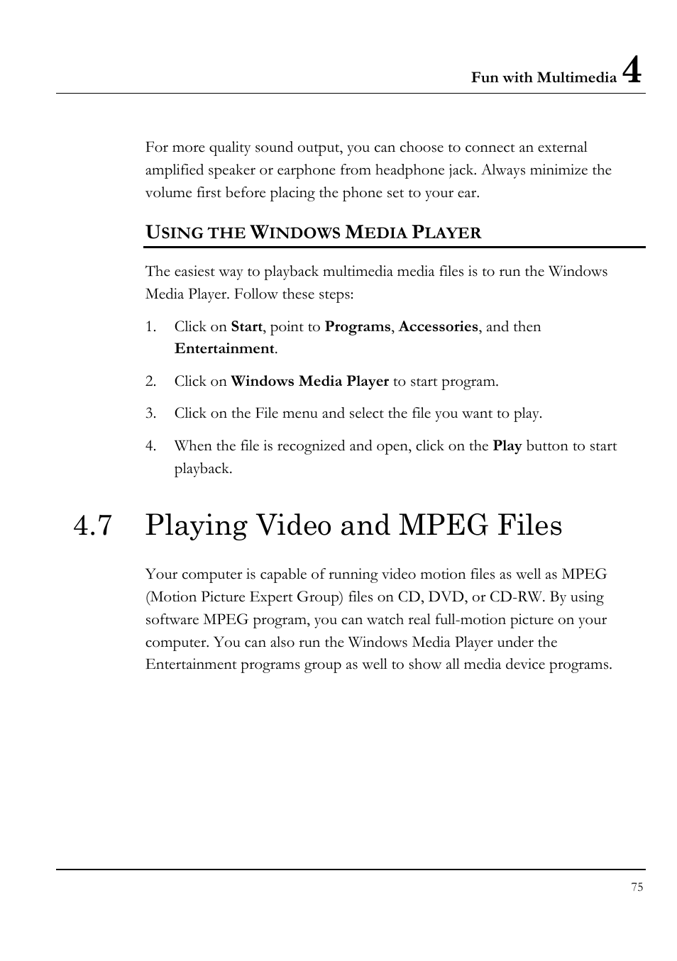 Using the windows media player, 7 playing video and mpeg files | Everex LW7WE User Manual | Page 75 / 122