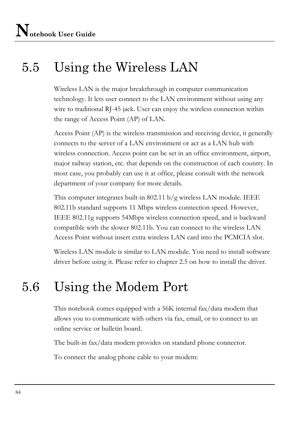 5 using the wireless lan, 6 using the modem port | Everex LW7WE User Manual | Page 84 / 122