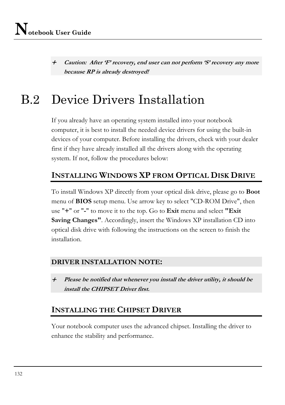 B.2 device drivers installation, Installing windows xp from optical disk drive, Driver installation note | Installing the chipset driver | Everex STEPNOTE VA4200M User Manual | Page 132 / 138