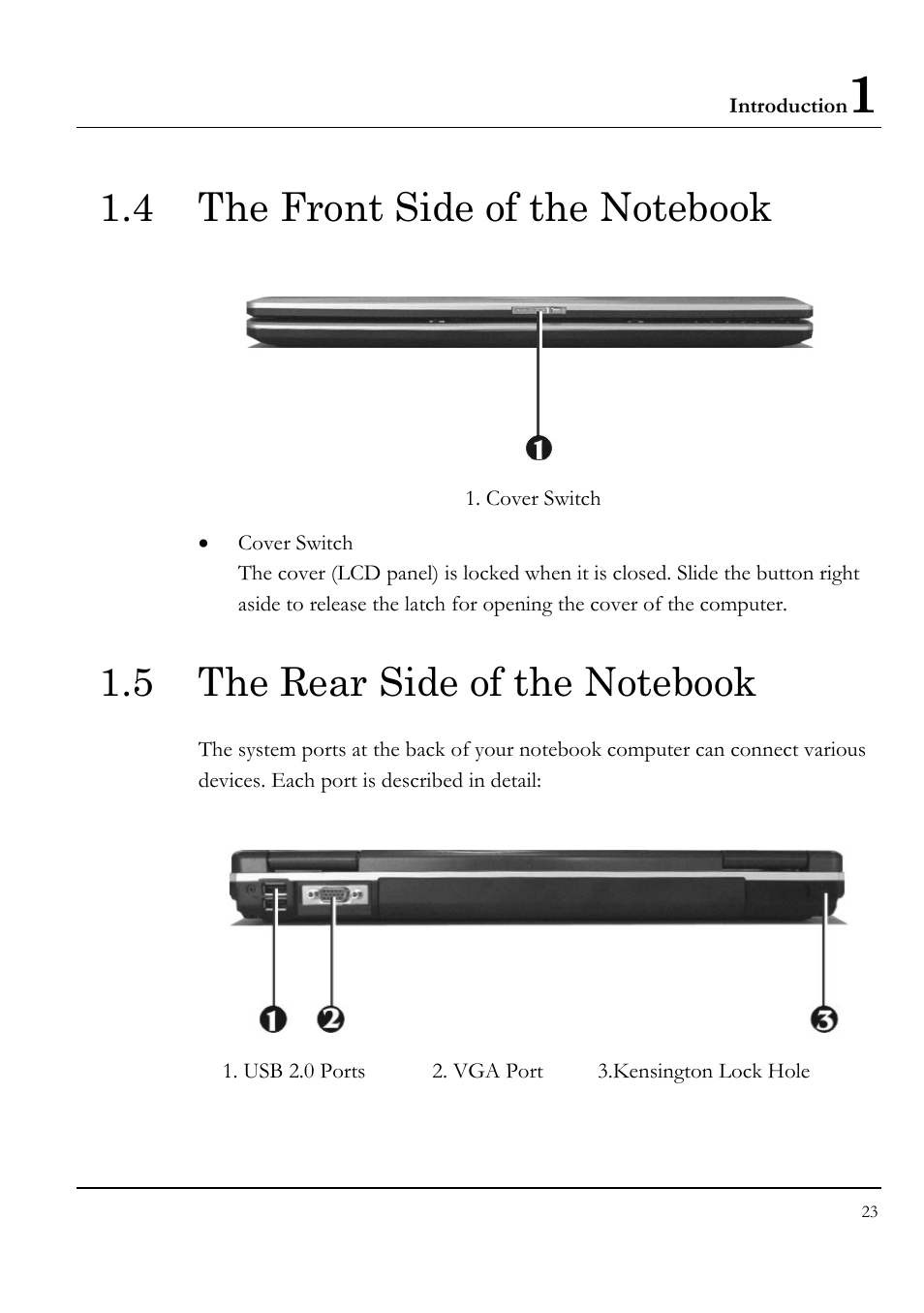 4 the front side of the notebook, 5 the rear side of the notebook | Everex STEPNOTE VA4200M User Manual | Page 23 / 138