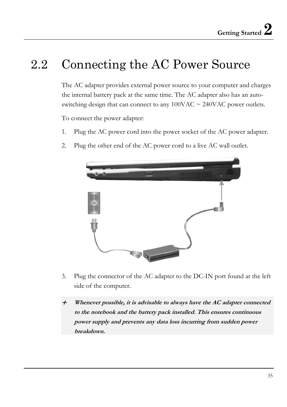 2 connecting the ac power source | Everex STEPNOTE VA4200M User Manual | Page 35 / 138