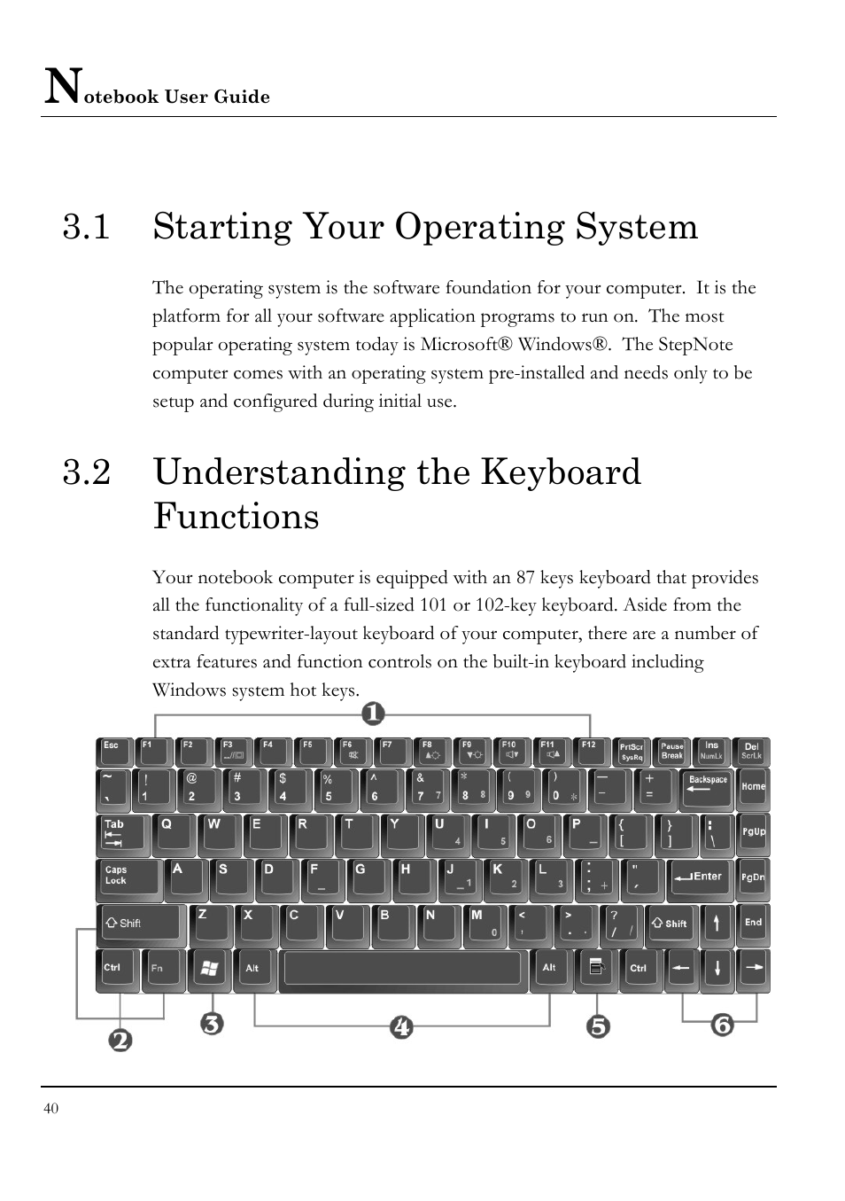 1 starting your operating system, 2 understanding the keyboard functions | Everex STEPNOTE VA4200M User Manual | Page 40 / 138