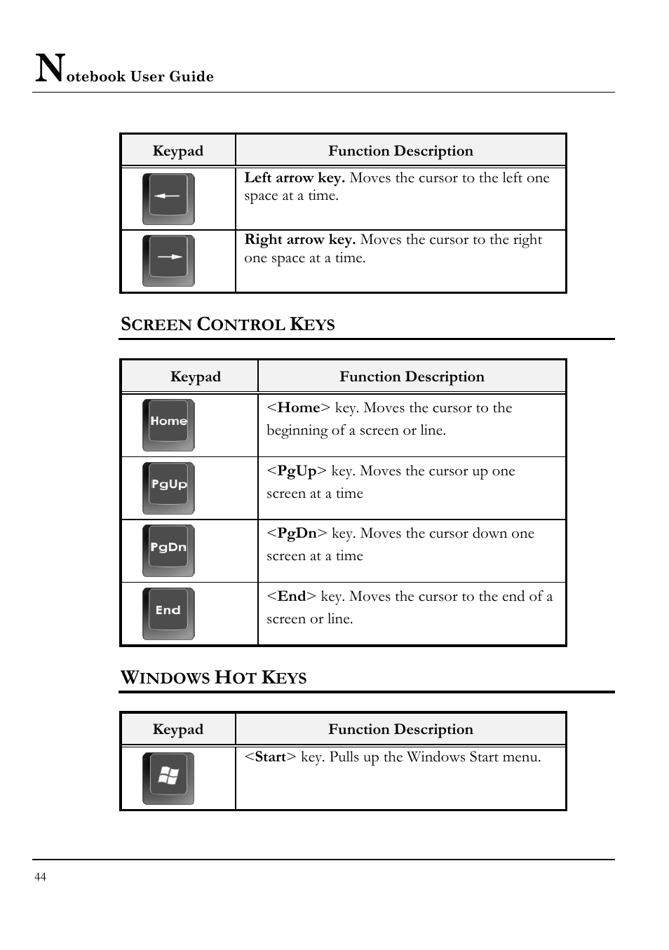 Screen control keys, Windows hot keys | Everex STEPNOTE VA4200M User Manual | Page 44 / 138