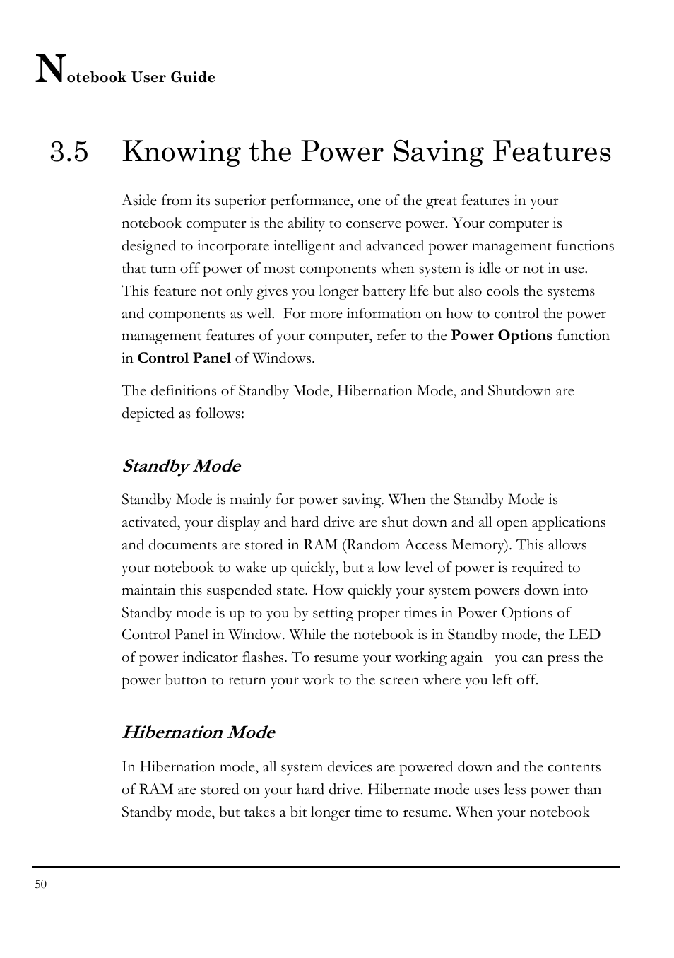 5 knowing the power saving features, Standby mode, Hibernation mode | Everex STEPNOTE VA4200M User Manual | Page 50 / 138