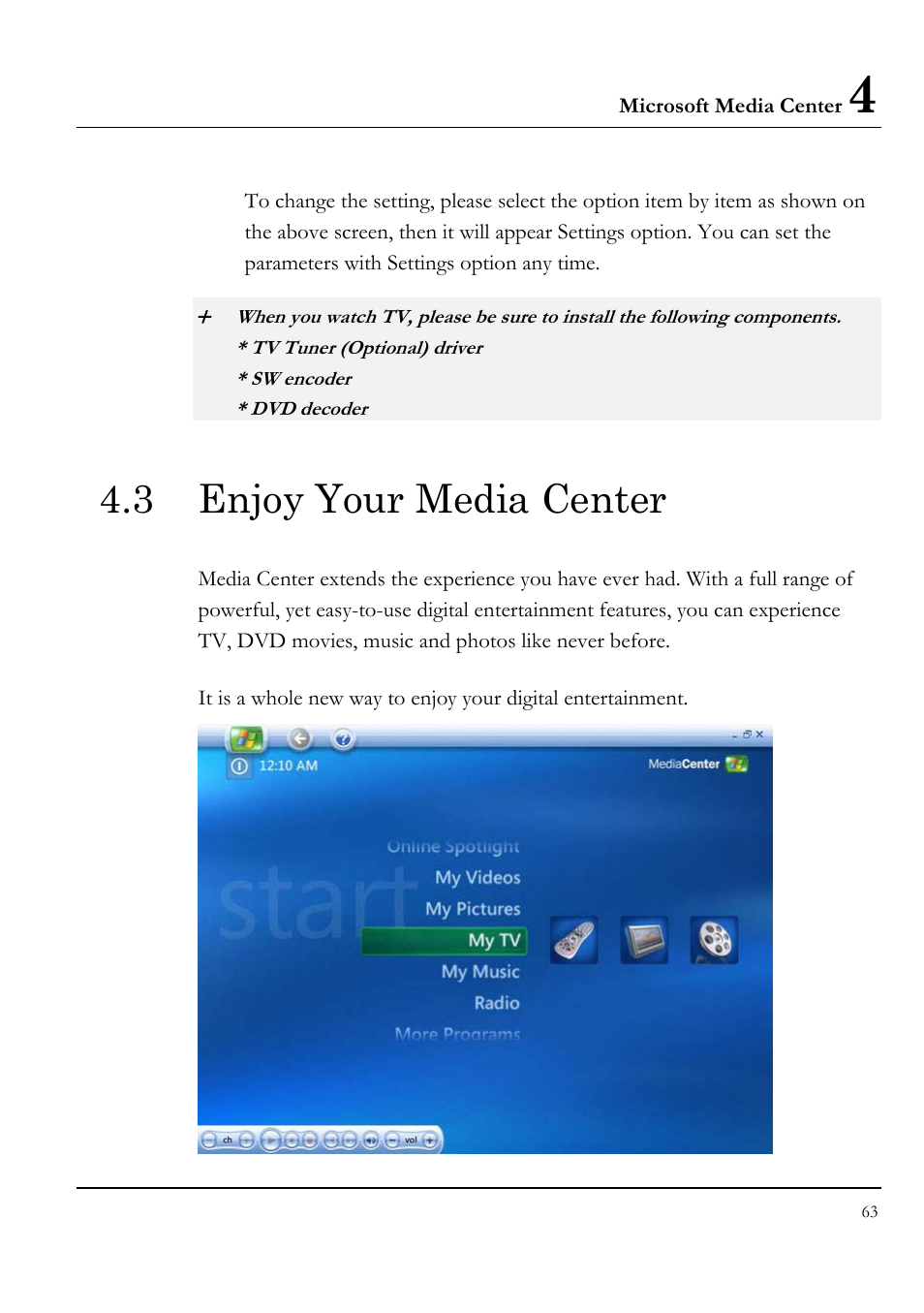 3 enjoy your media center | Everex STEPNOTE VA4200M User Manual | Page 63 / 138