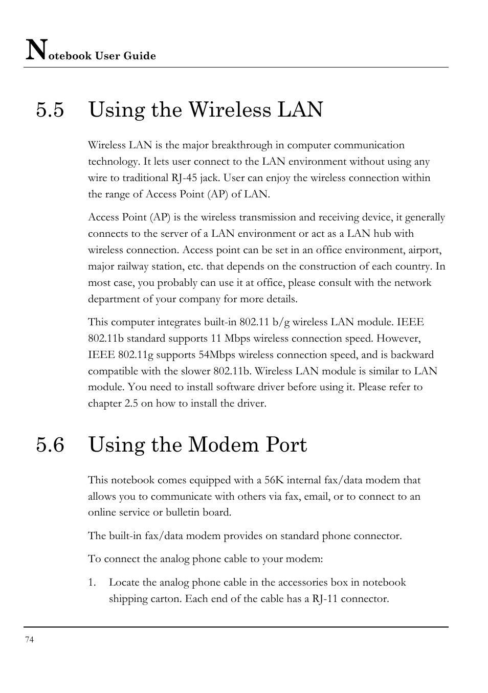 5 using the wireless lan, 6 using the modem port | Everex STEPNOTE VA4200M User Manual | Page 74 / 138