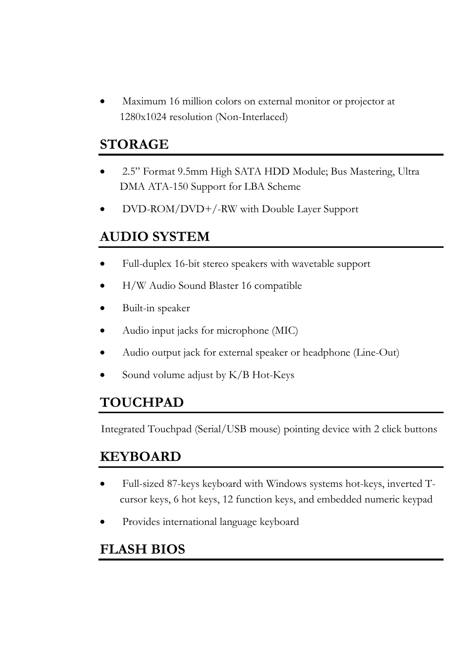 Storage, Audio system, Touchpad | Keyboard, Flash bios | Everex Stepnote NC User Manual | Page 115 / 140