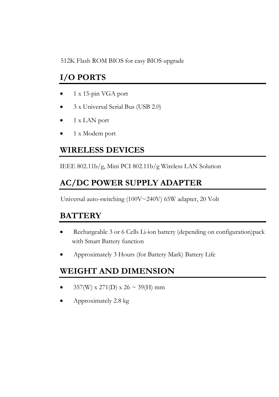 I/o ports, Wireless devices, Ac/dc power supply adapter | Battery, Weight and dimension | Everex Stepnote NC User Manual | Page 116 / 140