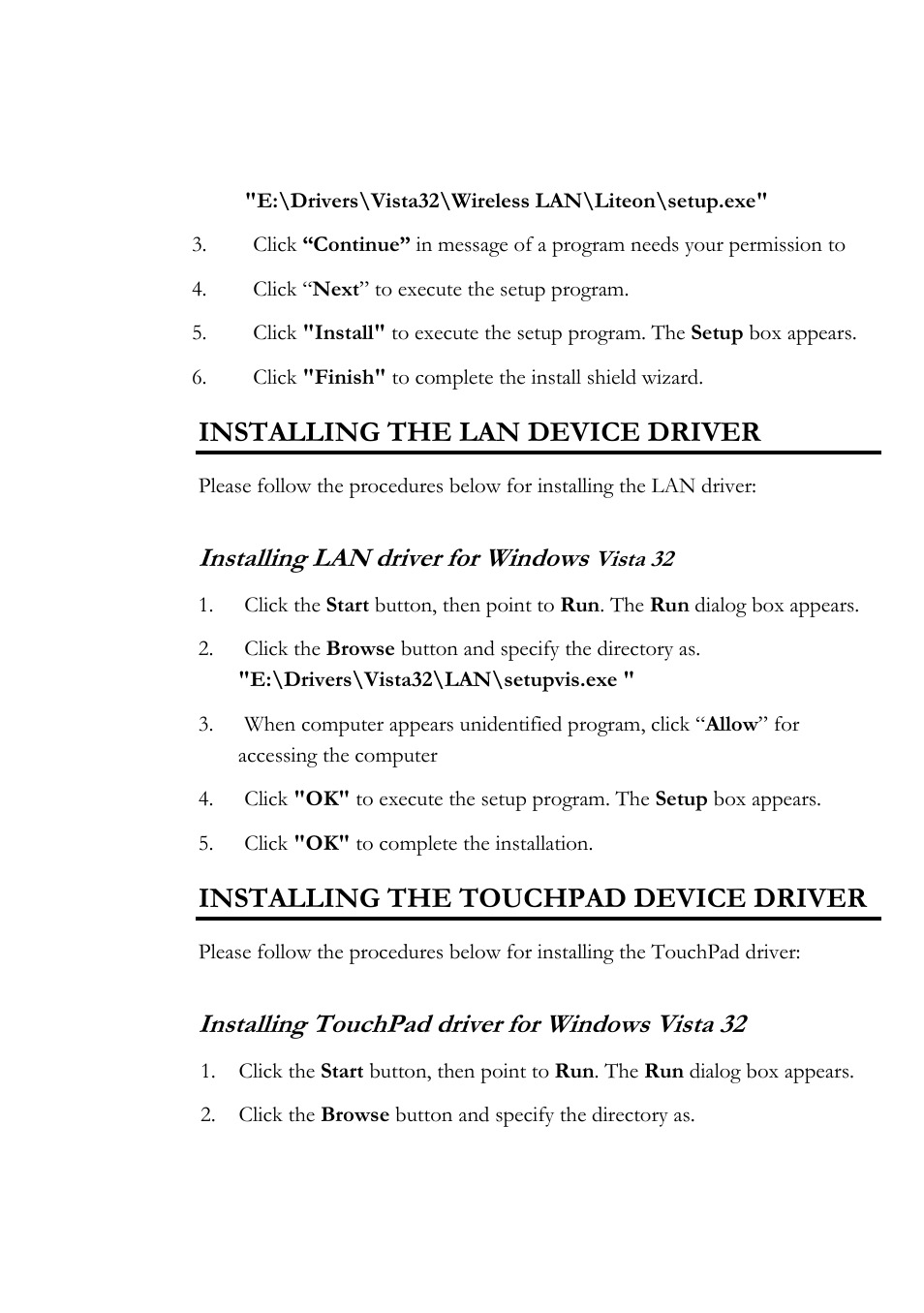 Installing the lan device driver, Installing the touchpad device driver, Installing lan driver for windows | Installing touchpad driver for windows vista 32, Vista 32 | Everex Stepnote NC User Manual | Page 138 / 140