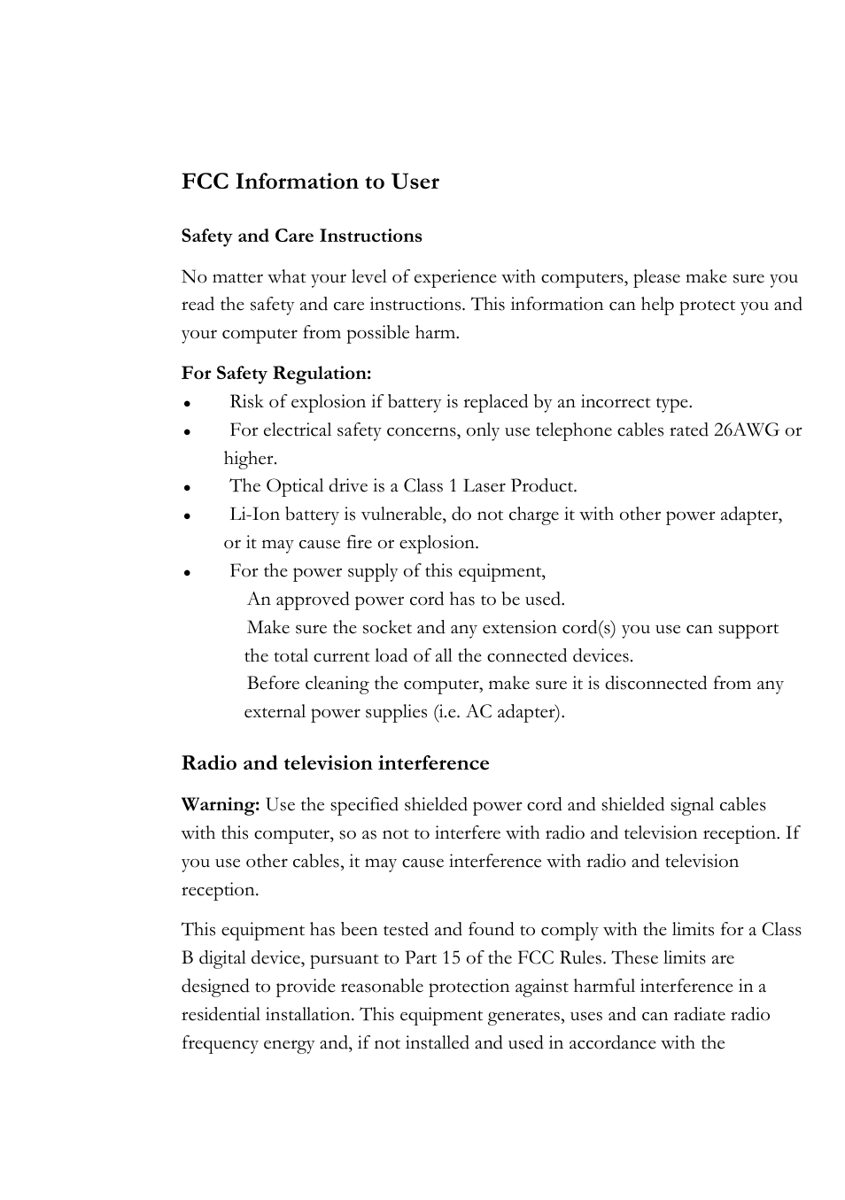 Fcc information to user, Radio and television interference, The optical drive is a class 1 laser product | For the power supply of this equipment, An approved power cord has to be used | Everex Stepnote NC User Manual | Page 3 / 140