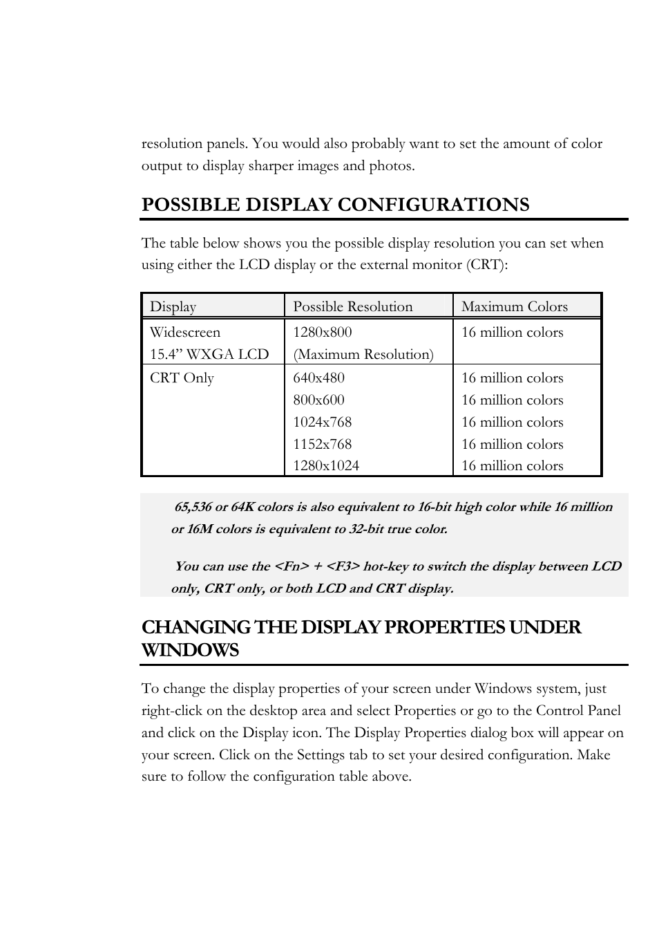 Possible display configurations, Changing the display properties under windows | Everex Stepnote NC User Manual | Page 49 / 140