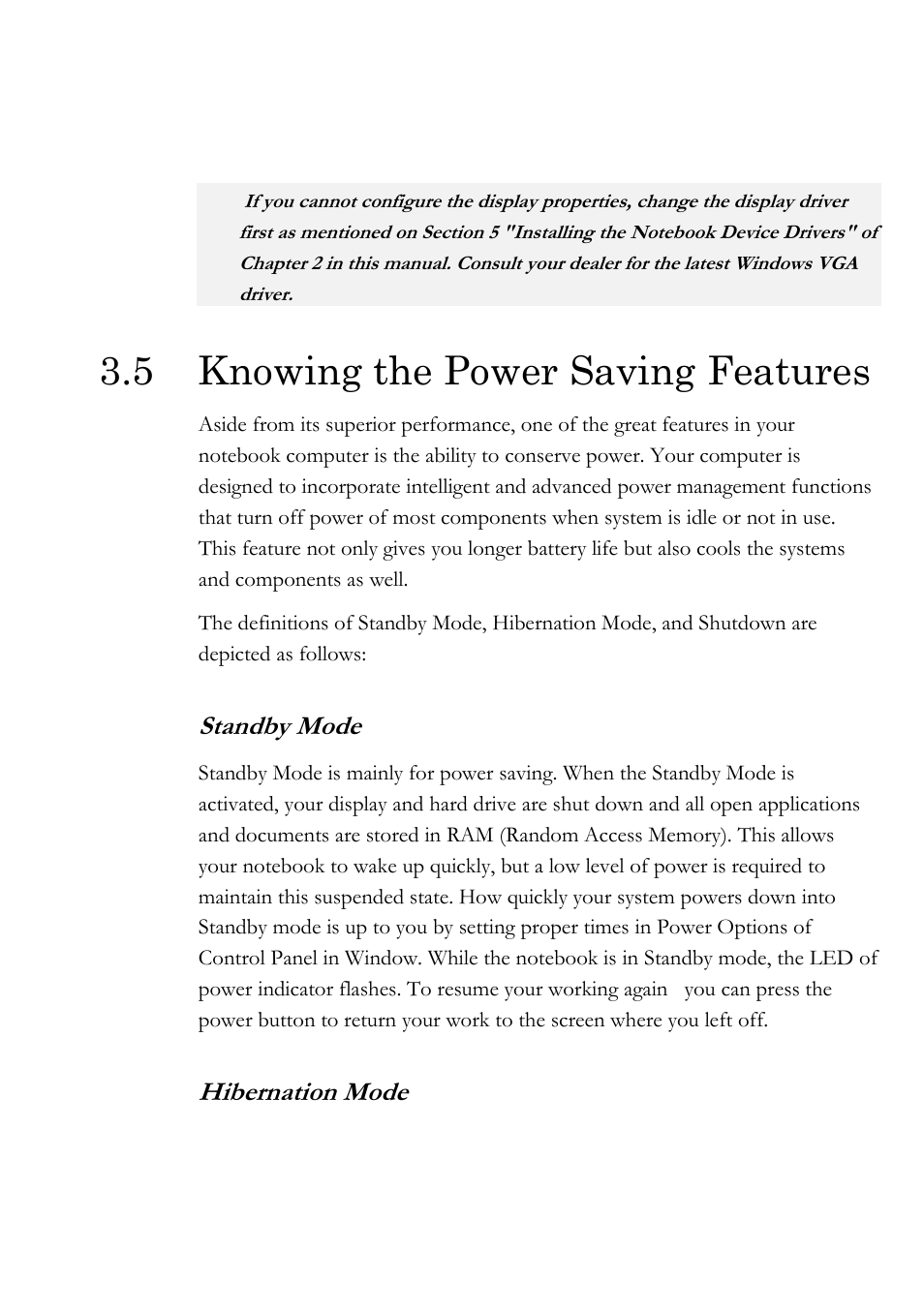 5 knowing the power saving features, Standby mode, Hibernation mode | Everex Stepnote NC User Manual | Page 50 / 140