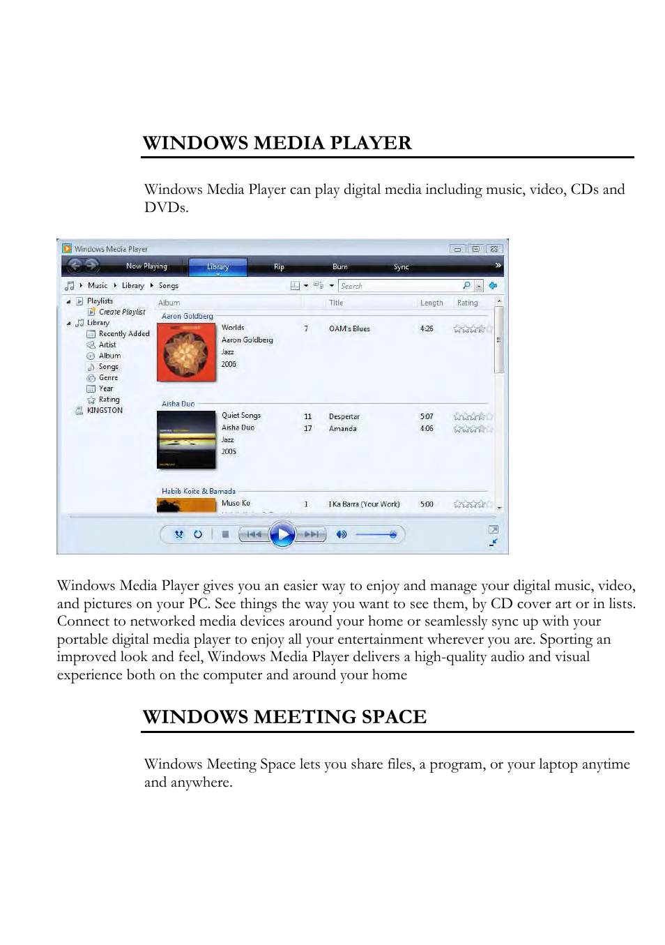 Windows media player, Windows meeting space | Everex Stepnote NC User Manual | Page 68 / 140