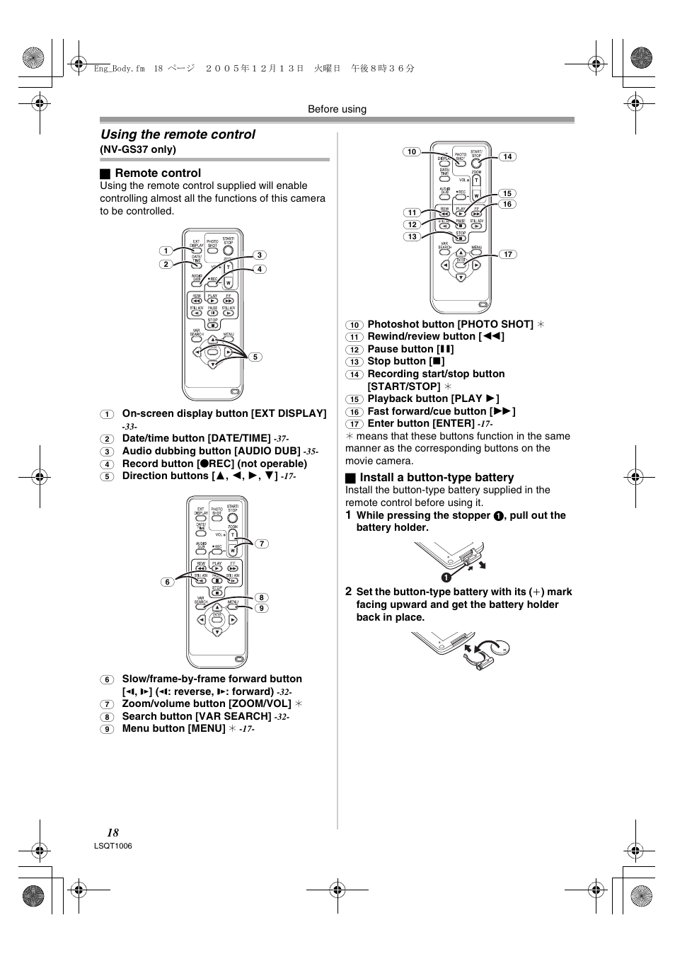 Using the remote control | Panasonic NV-GS27EB User Manual | Page 18 / 52
