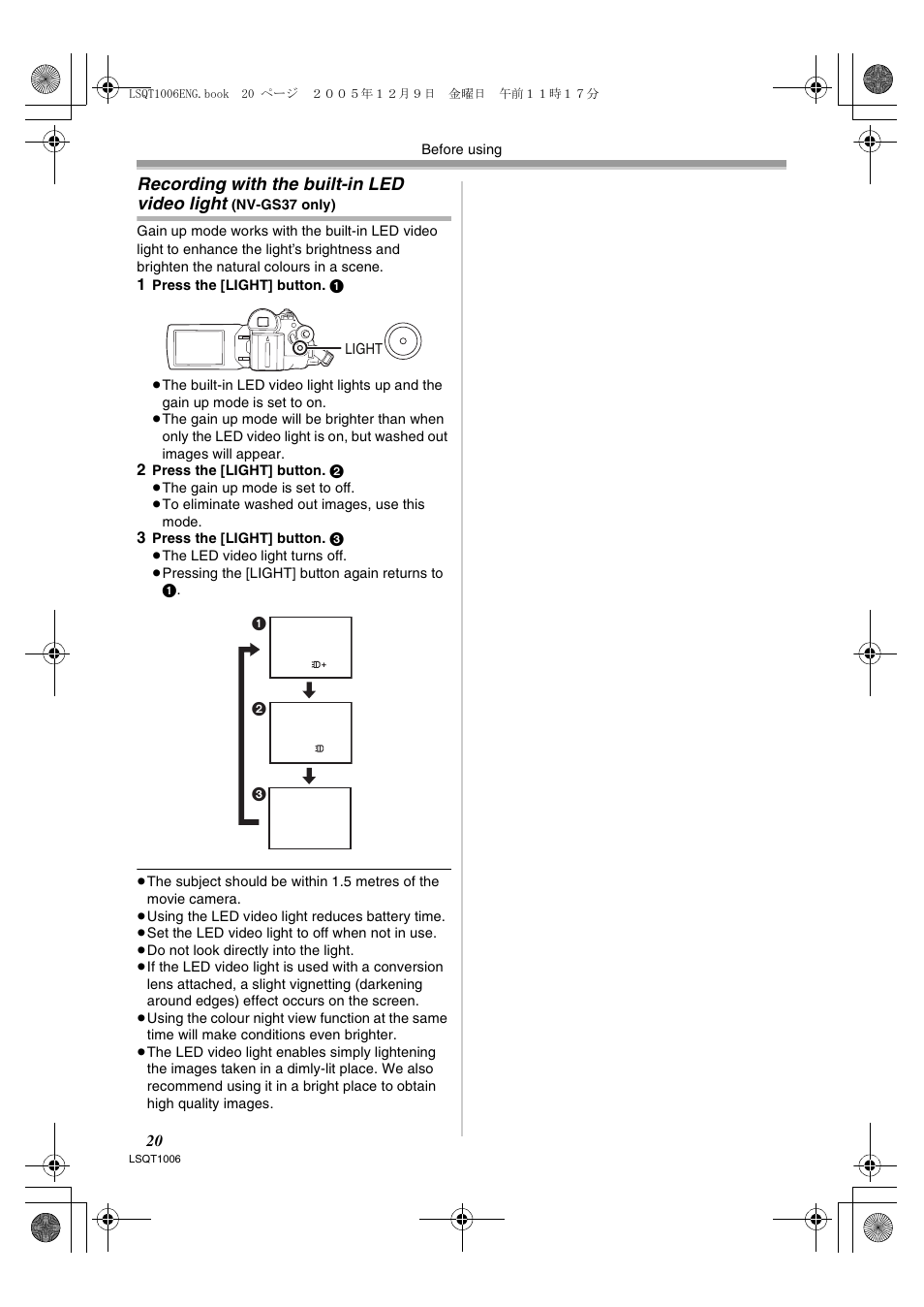 Recording with the built-in led video light | Panasonic NV-GS27EB User Manual | Page 20 / 52