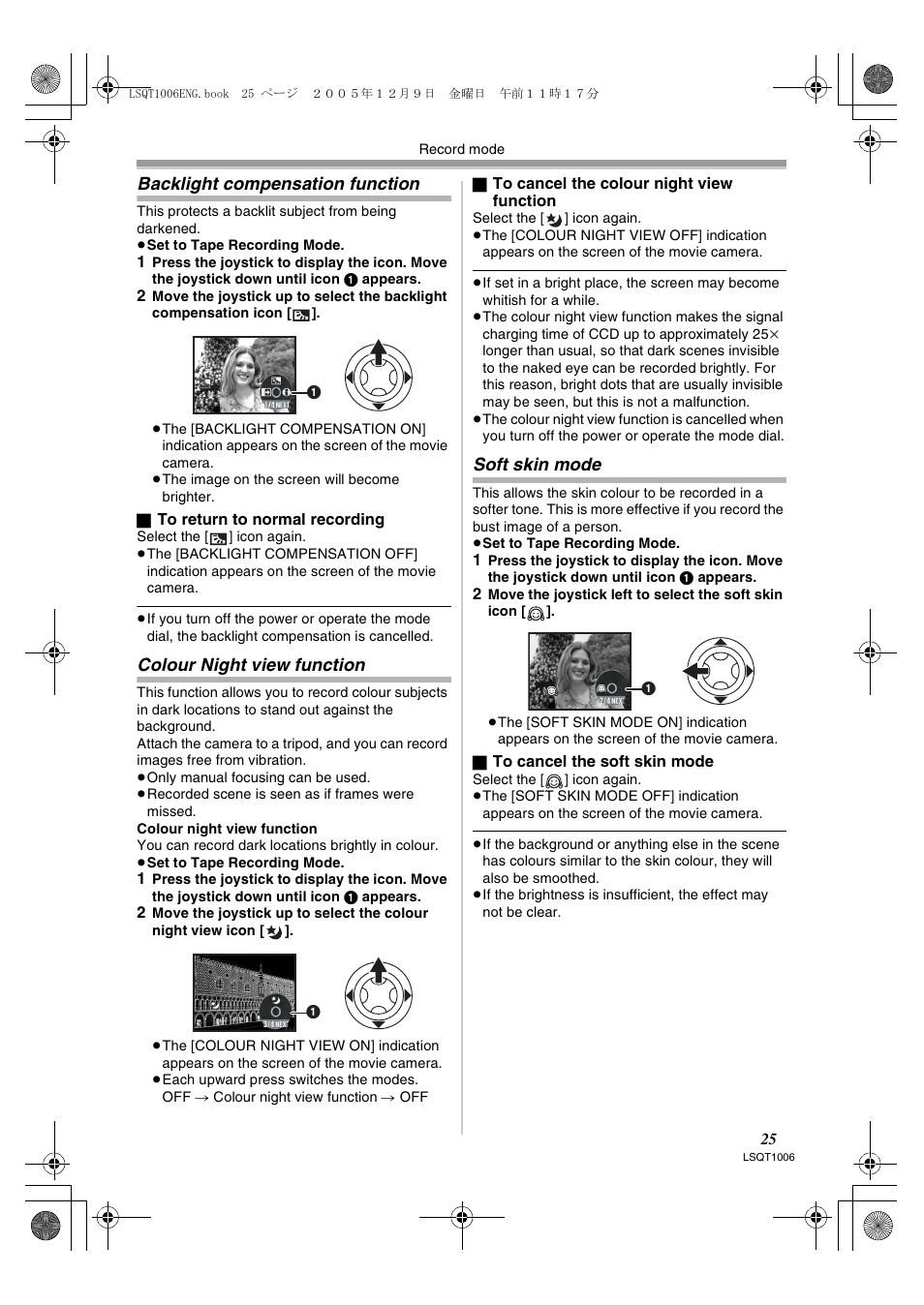 Backlight compensation function, Colour night view function, Soft skin mode | Panasonic NV-GS27EB User Manual | Page 25 / 52
