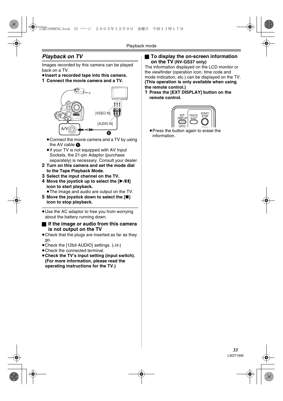 Playback on tv | Panasonic NV-GS27EB User Manual | Page 33 / 52