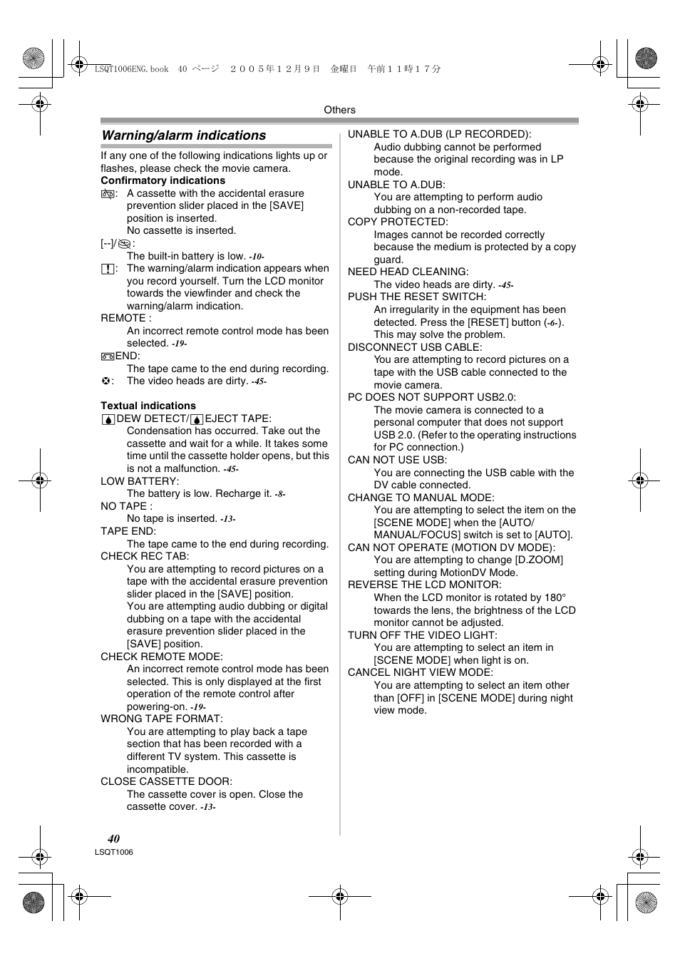 Warning/alarm indications | Panasonic NV-GS27EB User Manual | Page 40 / 52