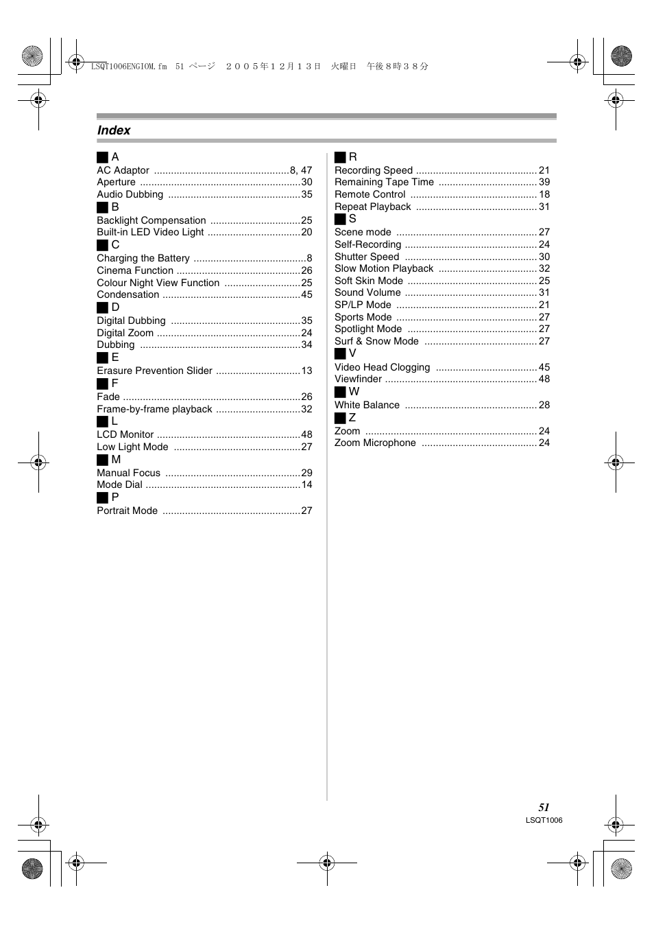Index | Panasonic NV-GS27EB User Manual | Page 51 / 52