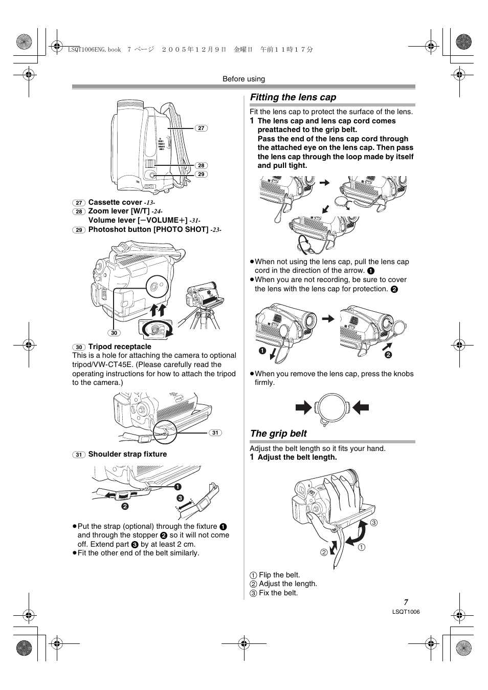 Fitting the lens cap, The grip belt | Panasonic NV-GS27EB User Manual | Page 7 / 52